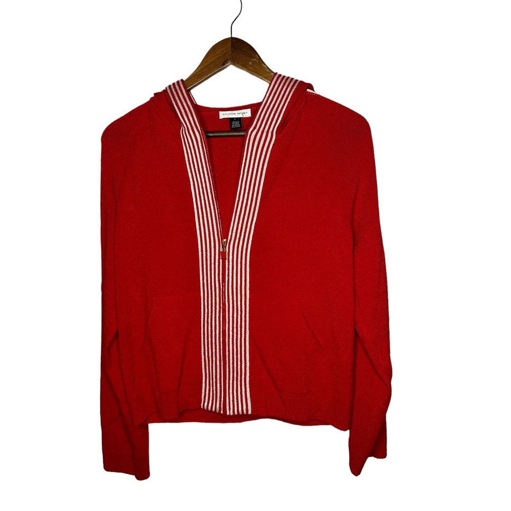 St John Sport sz small red & white striped‎ hooded cardigan jacket USA